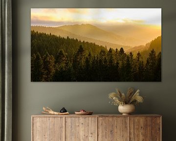 Panorama of the mountainous landscape at sunset in the Sauerland by Björn Jeurgens