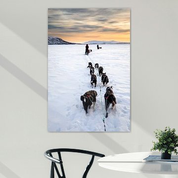 Des équipes de traîneaux husky au-dessus d'un lac gelé au coucher du soleil sur Martijn Smeets