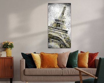 Modern Art Eiffelturm Splashes | Illuminating Yellow & Ultimate Grey von Melanie Viola