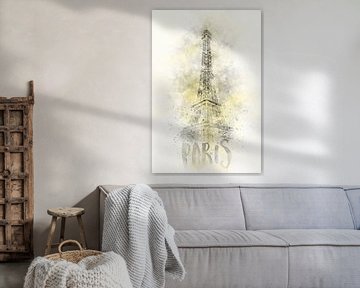 Moderne Kunst EIFFELTURM | Illuminating Yellow & Ultimate Grey von Melanie Viola