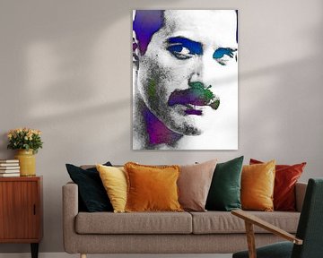 Freddie Mercury Abstraktes Porträt in Lila, Blau, Grün von Art By Dominic