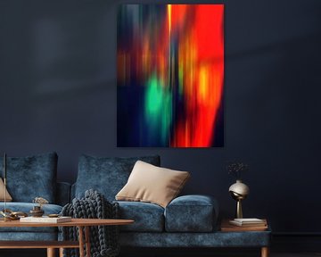 Œuvre d'art numérique moderne et abstraite en bleu, rouge et orange sur Art By Dominic