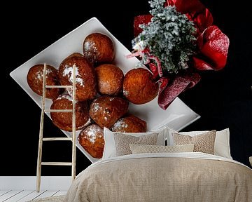 flat lay of oliebollen with champagne decorated with a Christmas tree by Kim Willems