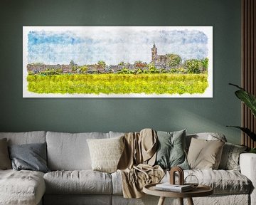 Skyline Burgh met de hervormde kerk (panorama, aquarel) van Art by Jeronimo