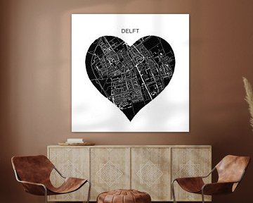 Delft in een zwarte hart  | Stadskaart als Wandcirkel
