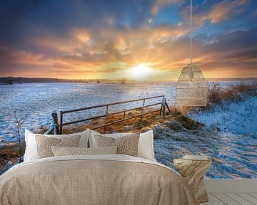 winter in Drenthe with a beautiful sunrise and snow over the meadows. by Bas Meelker