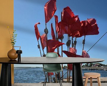 rode vlaggen bij de vissersboot, Vitte, Hiddensee