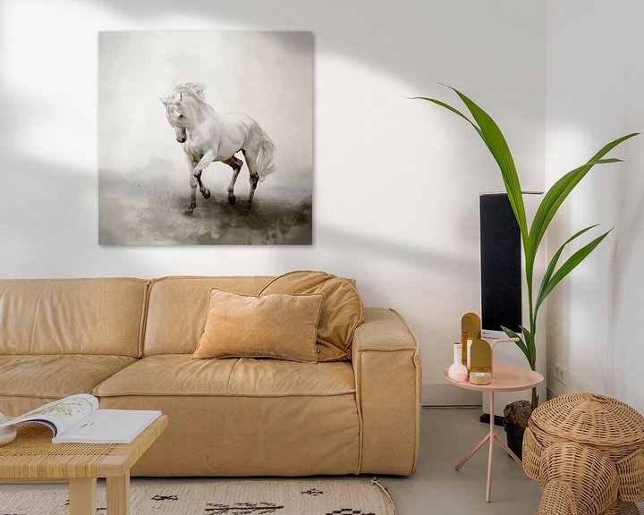 Beispiel: Weißes Pferd in abstrakter Aquarell-Landschaftsmalerei von Diana van Tankeren