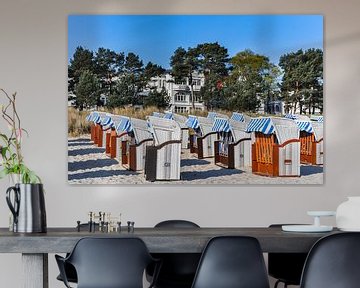 weiß-blau-braune Strandkörbe in Binz, Rügen