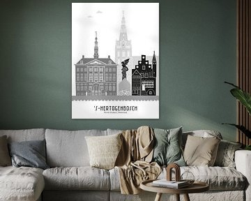 Skyline illustratie stad Den Bosch zwart-wit-grijs van Mevrouw Emmer