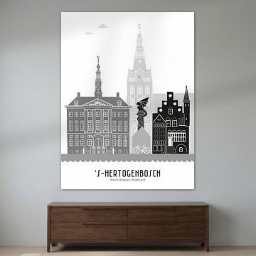 Skyline-Illustration Stadt Den Bosch schwarz-weiß-grau von Mevrouw Emmer