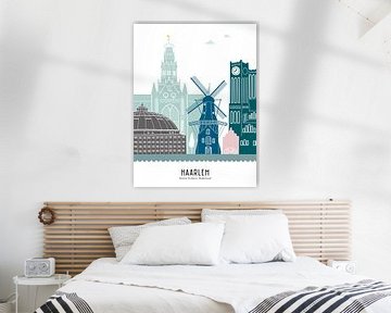 Skyline illustratie stad Haarlem in kleur van Mevrouw Emmer
