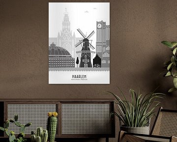 Skyline illustratie stad Haarlem zwart-wit-grijs van Mevrouw Emmer
