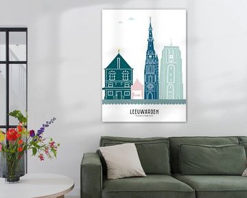 Skyline illustration city of Leeuwarden in colour by Mevrouw Emmer