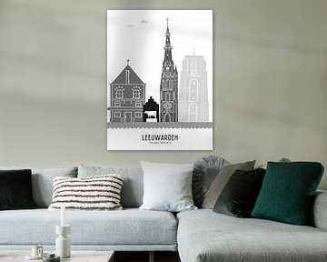 Skyline illustratie stad Leeuwarden zwart-wit-grijs van Mevrouw Emmer