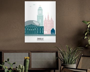 Skyline illustration city of Zwolle in colour by Mevrouw Emmer