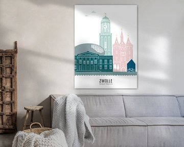 Skyline illustratie stad Zwolle in kleur van Mevrouw Emmer