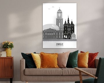 Skyline illustration city Zwolle black-and-white-grey by Mevrouw Emmer