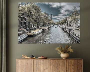 Bateaux fluviaux sur le Prinsengracht, noir et blanc, Amsterdam sur Rietje Bulthuis