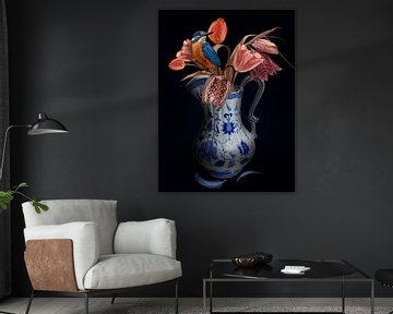 Tulips with bird - Delft Blue by OEVER.ART