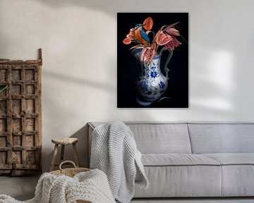 Tulpen mit Vogel - Delfter Blau von OEVER.ART
