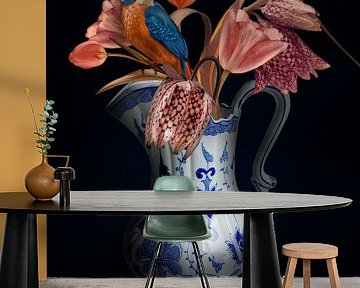 Tulpen met vogeltje  - Delfts Blauw van OEVER.ART
