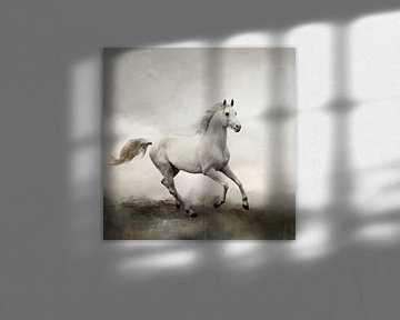 Weißes Pferd in abstrakter Aquarell-Landschaft von Diana van Tankeren