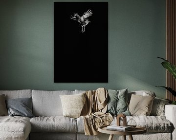 'Fly on the wall' vliegende kip zwart wit