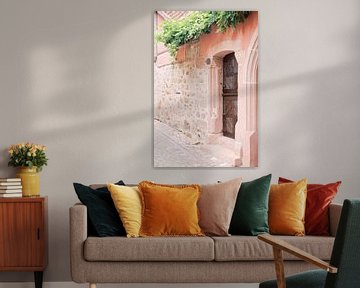 Wooden door and pink wall in a French street | Travel photography France | Pastel art photo print by Milou van Ham