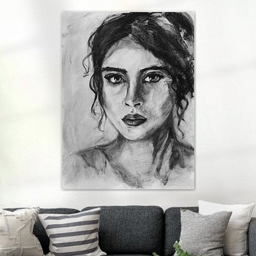 Abstract intuitive portrait woman with black hair in black and white by Bianca ter Riet