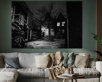 Goudsmitspleintje Haarlem sneeuw januari 2021 zwart wit van Bob Van der Wolf