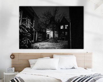 Goudsmitspleintje Haarlem sneeuw januari 2021 zwart wit van Bob Van der Wolf