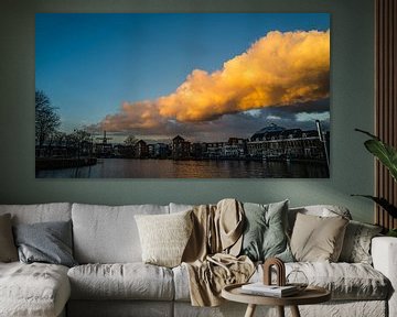 Haarlem Spaarne Zonsondergang kleur in januari 2021 van Bob Van der Wolf
