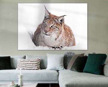 Een ironische lynx zit in de sneeuw en kijkt van Michael Semenov