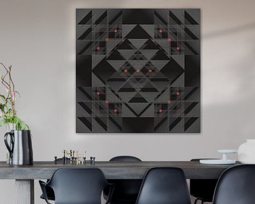 Driehoeken en vierkanten  in verschillende grijstinten met rood accent van Andie Daleboudt