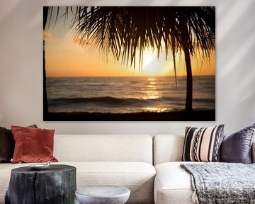 Palmboom tegen een zonsondergang op zee van Esther esbes - kleurrijke reisfotografie