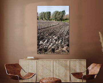 Omgeploegd veld en wilgen in de wind van Peter de Kievith Fotografie