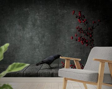 Black crow and red berries by Cindy Dominika