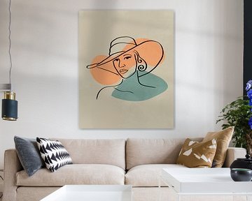Frau mit Hut, minimalistische Linienzeichnung mit zwei organischen Formen von Tanja Udelhofen