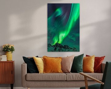 Nordlichter oder Aurora Borealis über den verschneiten Winterbergen von Sjoerd van der Wal