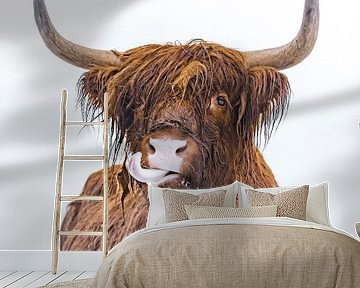 Portret van een Schotse hooglander met uitgestoken tong van Sjoerd van der Wal Fotografie