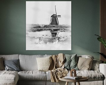 Traditionele windmolen molen of poldermolen  in Nederlands Friesland met drie aalscholvers in zwart van John Quendag