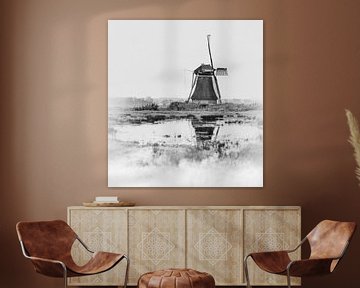 Moulin à vent traditionnel en Frise néerlandaise avec trois cormorans en noir et blanc sur John Quendag