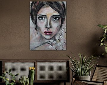 Portret vrouw abstract met kersenbloesem van Bianca ter Riet