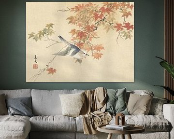 Vogel vliegend bij herfsttakken van Matsumura Keibun - 1892