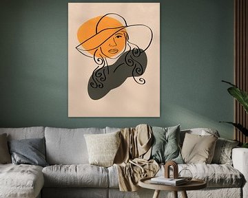 Femme avec un dessin au trait de chapeau avec deux formes organiques dans un style minimaliste sur Tanja Udelhofen