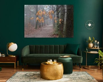 Autumn leaves in misty forest by Atelier van Saskia