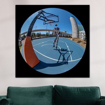 Basketball behind central station The Hague, Fisheye photo, round
