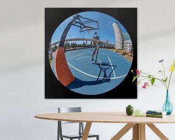 Basketbal achter centraal station Den Haag, Fisheye foto, rond