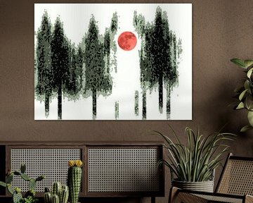 Rode maan tussen de bomen. van Wil van der Velde/ Digital Art